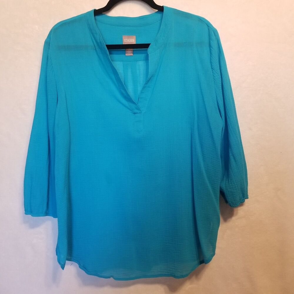Chicos 3 (XL)  Top Teal Blue Gauze Sheer Lightweight Beach Coastal Cruise Boho